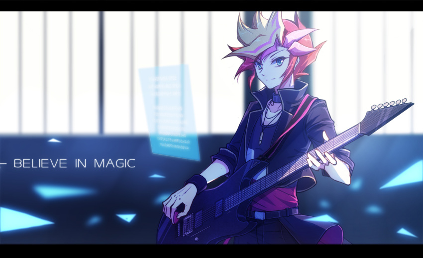 1boy alternate_costume belt blonde_hair collarbone cropped_jacket english_text fujiki_yuusaku green_eyes guitar hologram instrument iphis jacket jewelry long_sleeves male_focus multicolored_hair music necklace open_clothes open_jacket playing_instrument playmaker purple_hair redhead scrunchie shirt smile solo spiky_hair wrist_scrunchie yu-gi-oh! yu-gi-oh!_vrains
