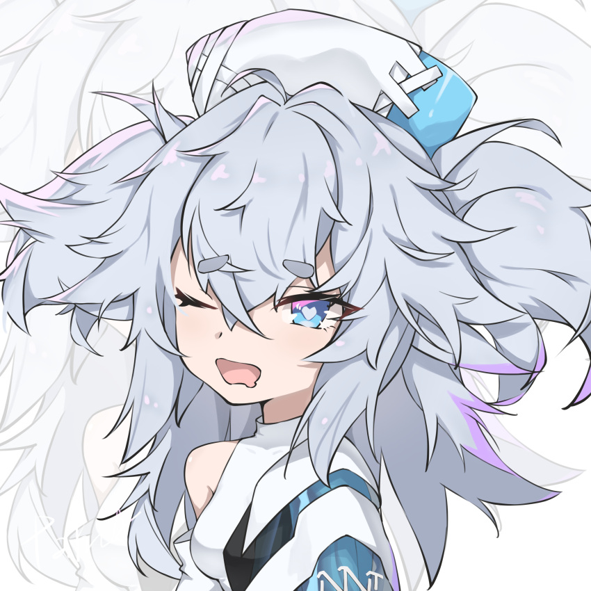 1girl ;o absurdres blue_eyes commentary florence_(girls'_frontline_nc) girls'_frontline_neural_cloud girls_frontline grey_hair heart heart-shaped_pupils highres looking_at_viewer medium_hair messy_hair nurse one_eye_closed open_mouth pa-15_(girls'_frontline) pakua short_eyebrows single_bare_shoulder solo symbol-shaped_pupils touhou upper_body zoom_layer