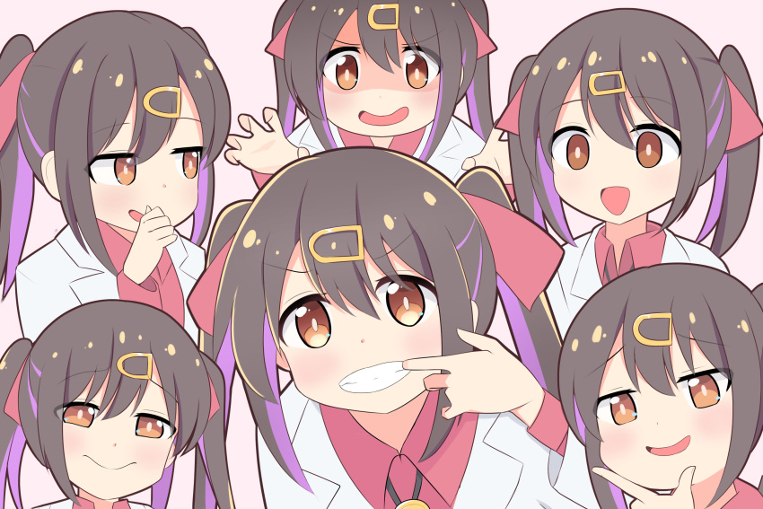 1girl :d black_hair black_outline bolo_tie brown_eyes commentary empty expressions grin hair_between_eyes hair_ornament hair_ribbon hairclip hand_on_own_chin highres lab_coat mouth_pull multicolored_hair multiple_views onii-chan_wa_oshimai! open_mouth orusu outline oyama_mihari purple_hair red_ribbon red_shirt ribbon shaded_face shirt simple_background smile smug twintails two-tone_hair