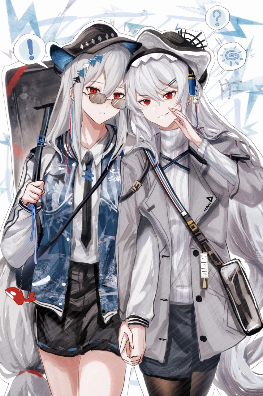 ! 2girls ? absurdres alternate_costume arknights black_bag black_headwear black_necktie black_pantyhose black_shorts blue_vest casual chinese_commentary collared_shirt commentary_request cowboy_shot grey_hair grey_jacket grey_shorts hair_between_eyes hand_up hat heads_together highres holding_hands holding_strap jacket long_hair long_sleeves looking_at_viewer multiple_girls necktie open_clothes open_jacket open_vest pantyhose parted_lips red_eyes shirt shorts skadi_(arknights) smile specter_(arknights) spoken_exclamation_mark spoken_question_mark sunglasses very_long_hair vest white_shirt zuo_daoxing