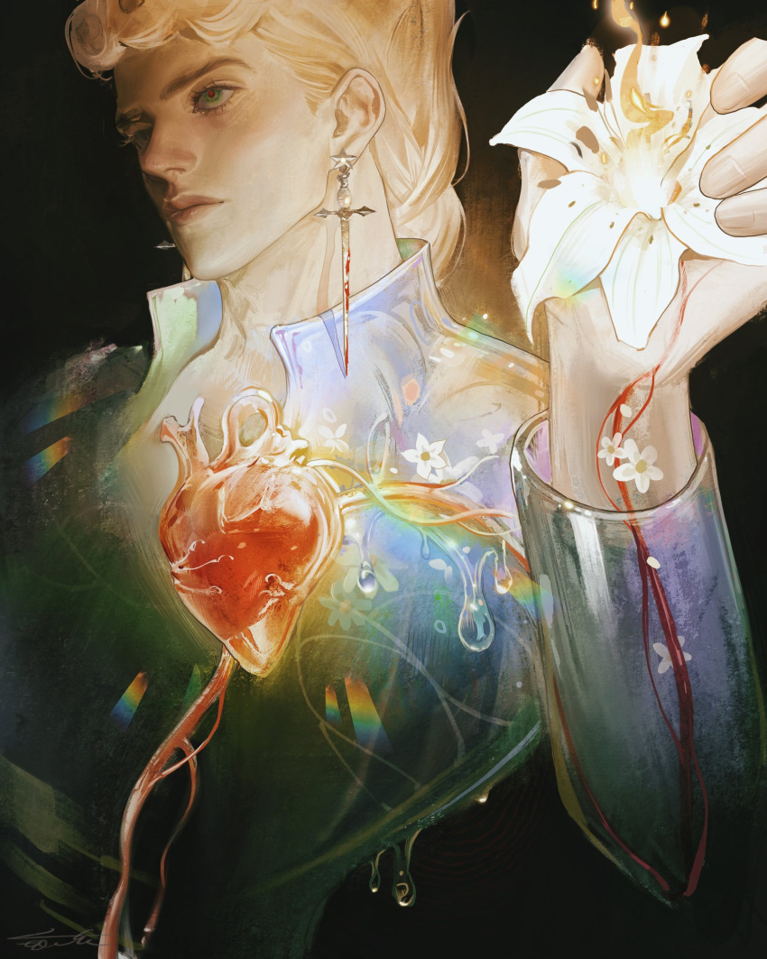 1boy black_background blonde_hair blood blue_eyes braid closed_mouth earrings fingernails flower from_side giorno_giovanna heart highres holding holding_flower jewelry jojo_no_kimyou_na_bouken light_particles long_sleeves looking_away male_focus signature simple_background single_braid solo upper_body veins vento_aureo water_drop white_flower xiaoqisevenner