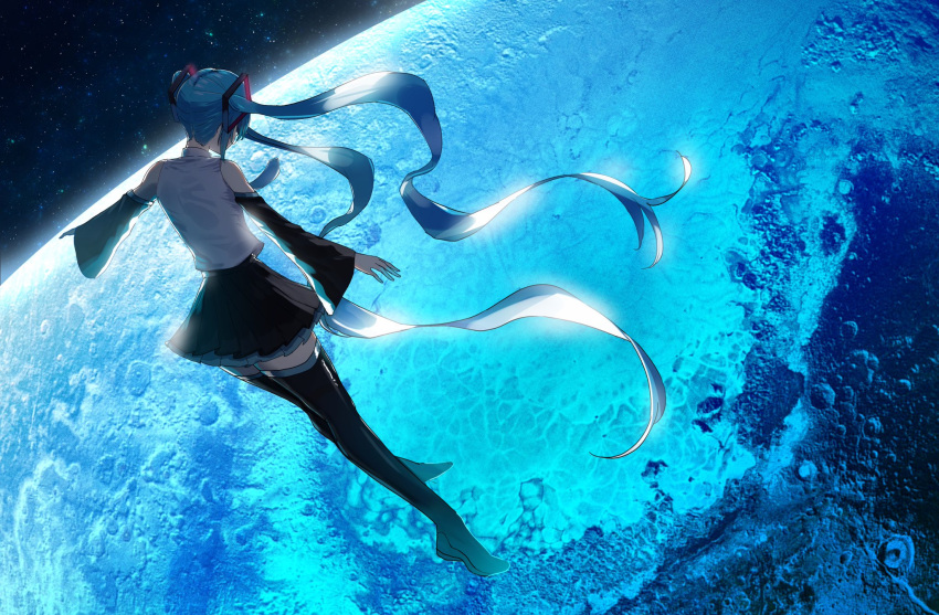 aqua_hair black_skirt black_thighhighs detached_sleeves floating floating_hair full_body grey_shirt hatsune_miku highres image_sample long_hair miku_day mino_(minori) necktie outstretched_arms shirt shoes skirt sleeveless sleeveless_shirt space spread_arms thigh-highs twintails twitter_sample very_long_hair