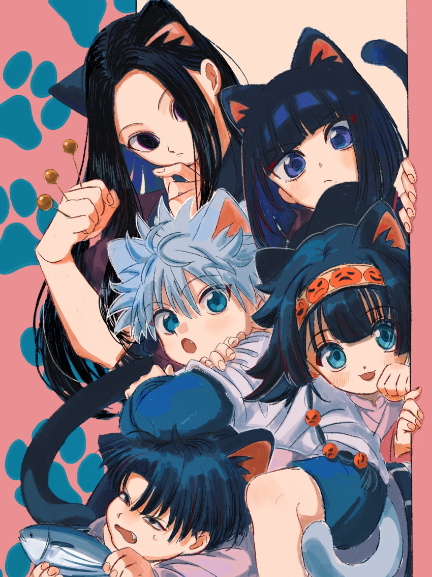 1girl 4boys :d :o alluka_zoldyck androgynous animal animal_ears aqua_eyes arms_on_head between_fingers black_hair blue_eyes blue_shorts blunt_bangs breasts brothers cat_boy cat_day cat_ears cat_tail crossed_arms curious fang fat fish frown grey_hair hair_over_one_eye hairband hands_up highres holding holding_animal holding_fish holding_weapon hunter_x_hunter illumi_zoldyck kalluto_zoldyck killua_zoldyck layered_sleeves long_hair long_sleeves looking_at_viewer milluki_zoldyck multiple_boys open_mouth parted_bangs paw_print peeking_out short_hair short_over_long_sleeves short_sleeves shorts siblings sitting sitting_on_person smile smiley_face tail thicopoyo weapon