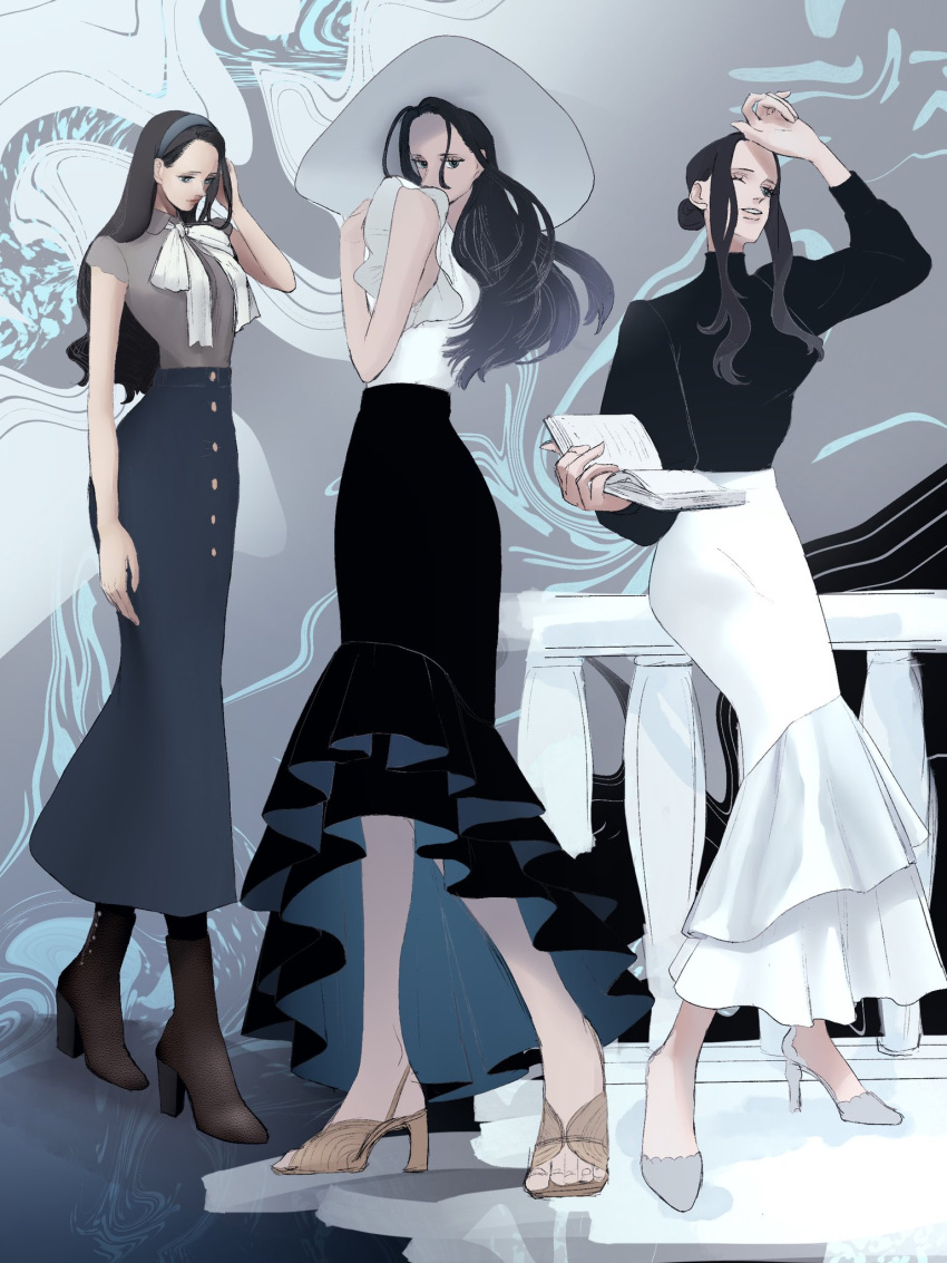 ;) black_hair black_shirt black_skirt blue_eyes book boots buttons hair_bun hand_up high_heel_boots high_heels highres hisarakanoi holding holding_book long_hair long_skirt looking_at_viewer looking_down looking_up multiple_views nico_robin one_eye_closed one_piece parted_bangs shade shading_eyes shirt short_sleeves skirt sleeveless smile white_headwear white_shirt white_skirt