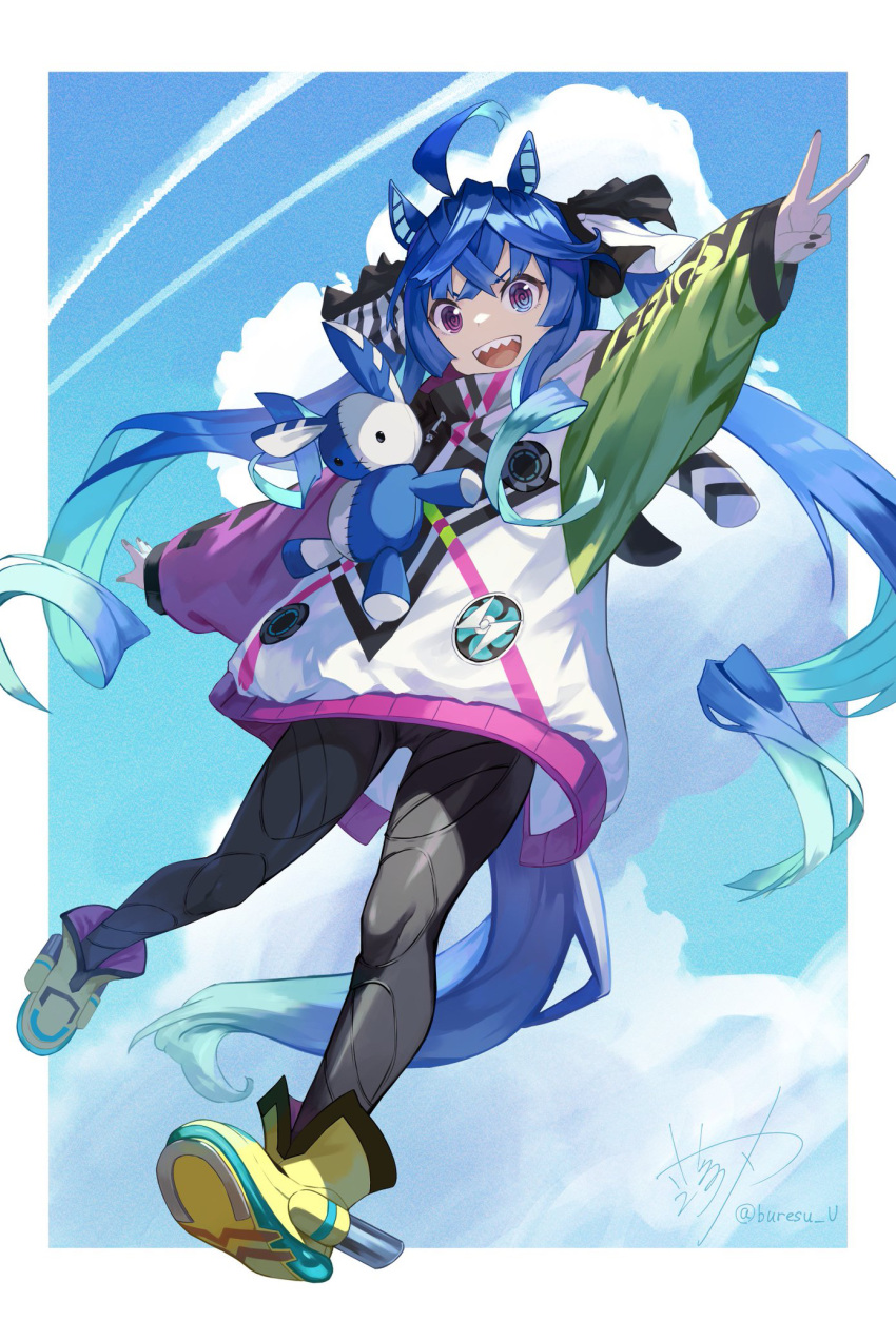 1girl ahoge animal_ears ankle_boots aqua_hair artist_name black_bodysuit black_nails black_ribbon blue_eyes blue_hair blue_sky bodysuit boots clouds cloudy_sky commentary day drawstring hair_ribbon heterochromia highres hood hood_down hooded_coat horse_ears horse_girl horse_tail long_hair long_sleeves looking_at_viewer messy_hair multicolored_coat multicolored_hair namiura open_mouth outdoors outside_border outstretched_arms ribbon sharp_teeth sidelocks signature sky smile solo spread_arms standing stuffed_animal stuffed_rabbit stuffed_toy tail teeth twin_turbo_(umamusume) twintails twitter_username two-tone_hair umamusume v very_long_hair violet_eyes yellow_footwear