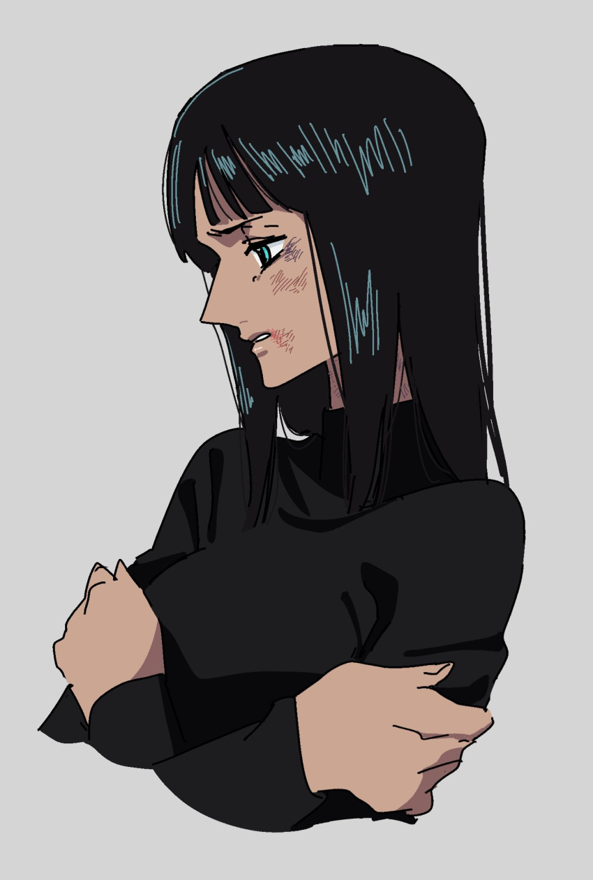 1girl black_hair black_shirt blue_eyes blunt_bangs bruise bruise_on_face cropped cropped_torso from_side frown hands_up highres injury inu_draw long_sleeves medium_hair nico_robin one_piece profile self_hug shirt simple_background solo straight_hair upper_body