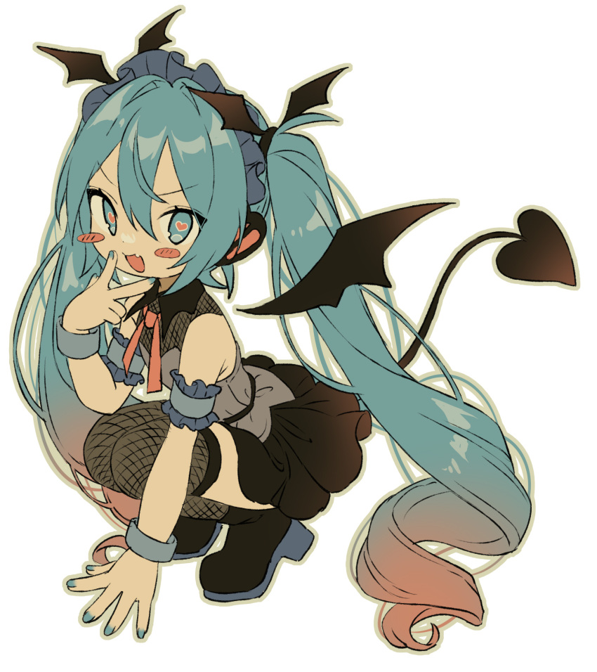 1girl aqua_eyes aqua_hair aqua_nails armband bare_shoulders black_footwear black_skirt black_tail black_wings blush bow bowtie collared_shirt demon_tail demon_wings fang fishnet_thighhighs fishnets frilled_armband frilled_hairband frills full_body grey_shirt hair_between_eyes hairband hatsune_miku headphones heart heart-shaped_pupils highres long_hair looking_at_viewer multicolored_hair open_mouth paya_(alunair) pink_bow pink_bowtie shirt skirt sleeveless sleeveless_shirt solo squatting symbol-shaped_pupils tail thigh-highs twintails two-tone_hair v very_long_hair vocaloid white_background wings wrist_cuffs zettai_ryouiki