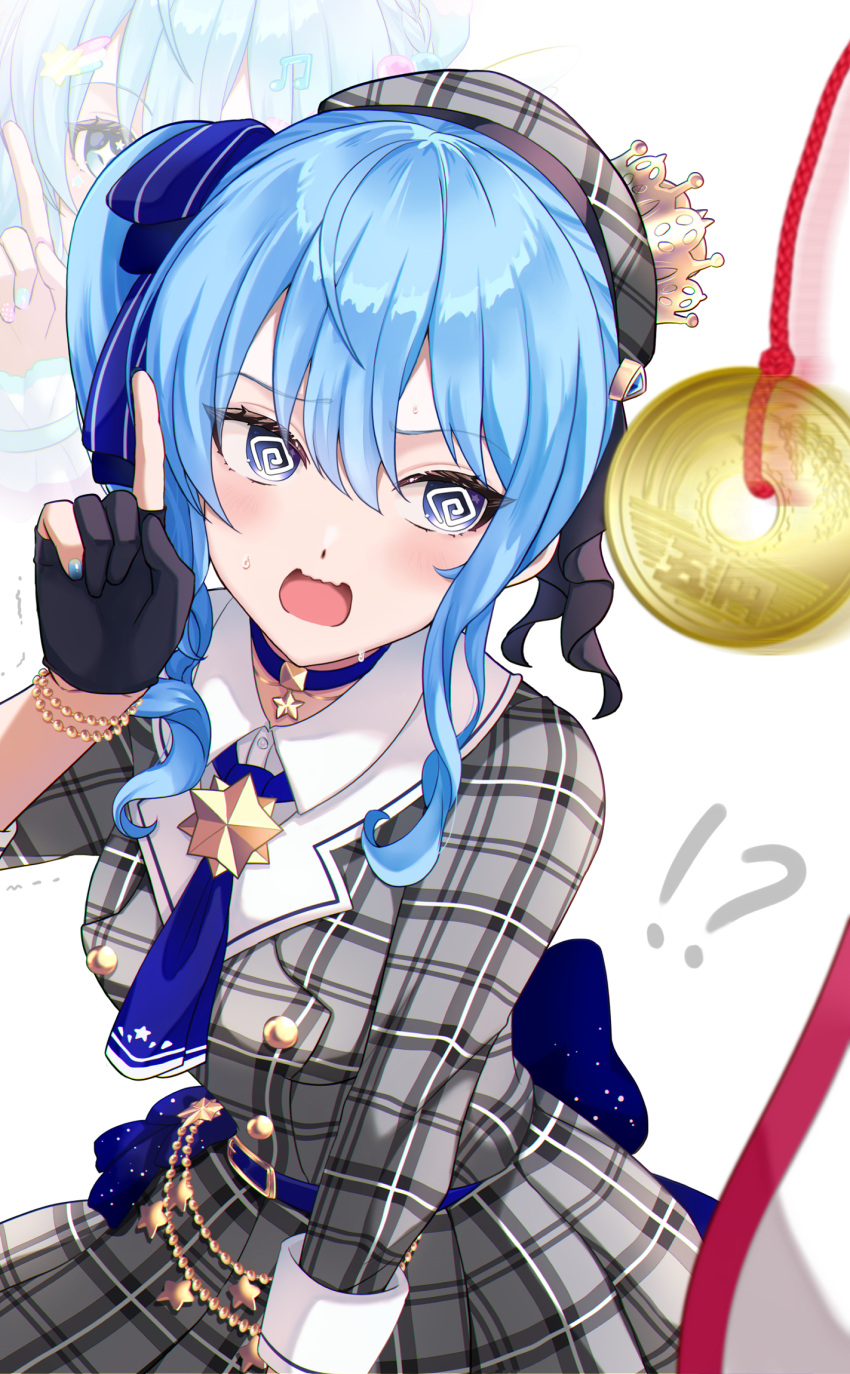 !? 1girl @_@ beret blue_choker blue_eyes blue_hair blush choker coin coin_on_string commentary dress gloves grey_headwear hair_between_eyes hair_ribbon hat highres holed_coin hololive hoshimachi_suisei hypnosis jacket jewelry kudoukudokudo looking_at_viewer medium_hair mind_control official_alternate_hair_length official_alternate_hairstyle open_mouth partially_fingerless_gloves pendulum plaid plaid_dress plaid_headwear plaid_jacket ribbon side_ponytail solo star_(symbol) star_choker star_in_eye super_idol_comet-chan symbol_in_eye virtual_youtuber