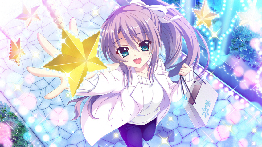 1girl bag blue_eyes blue_pants bow christmas christmas_lights coat collarbone colored_lights dot_nose fang film_grain from_above game_cg hair_bow high_ponytail holding holding_bag izumi_tsubasu lens_flare long_hair non-web_source official_art open_clothes open_coat open_mouth pants purple_hair re:stage! reaching_towards_viewer shirt shopping_bag smile snowflakes solo sparkle star_(symbol) stone_walkway teeth tsukisaka_sayu unbuttoned upper_teeth_only white_bow white_coat white_shirt