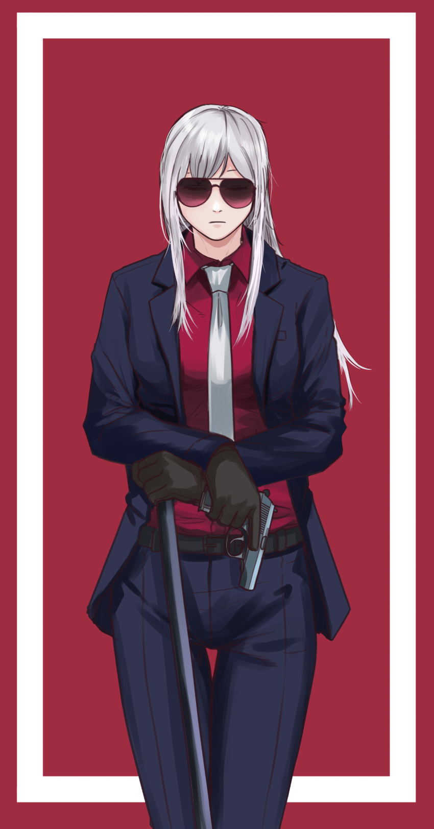 ak-12_(girls'_frontline) belt black_belt black_gloves black_jacket black_pants cane closed_eyes closed_mouth commentary cowboy_shot crossed_arms english_commentary girls_frontline gloves grey_hair gun handgun highres holding holding_cane holding_gun holding_weapon jacket long_hair necktie open_clothes open_jacket pants parabellum red_background red_shirt shirt simple_background sunglasses two-tone_background walther walther_ppk weapon white_background white_necktie