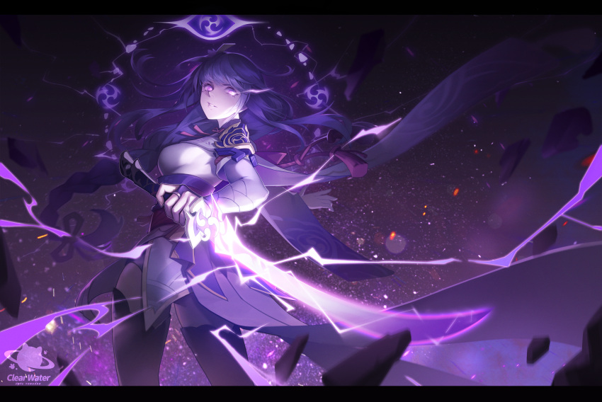 1girl black_border black_thighhighs border bridal_gauntlets clear_water floating_hair from_side genshin_impact highres holding holding_sword holding_weapon japanese_clothes kimono lens_flare letterboxed long_hair looking_at_viewer parted_lips pink_eyes purple_hair raiden_shogun solo standing sword thigh-highs very_long_hair watermark weapon white_kimono zettai_ryouiki