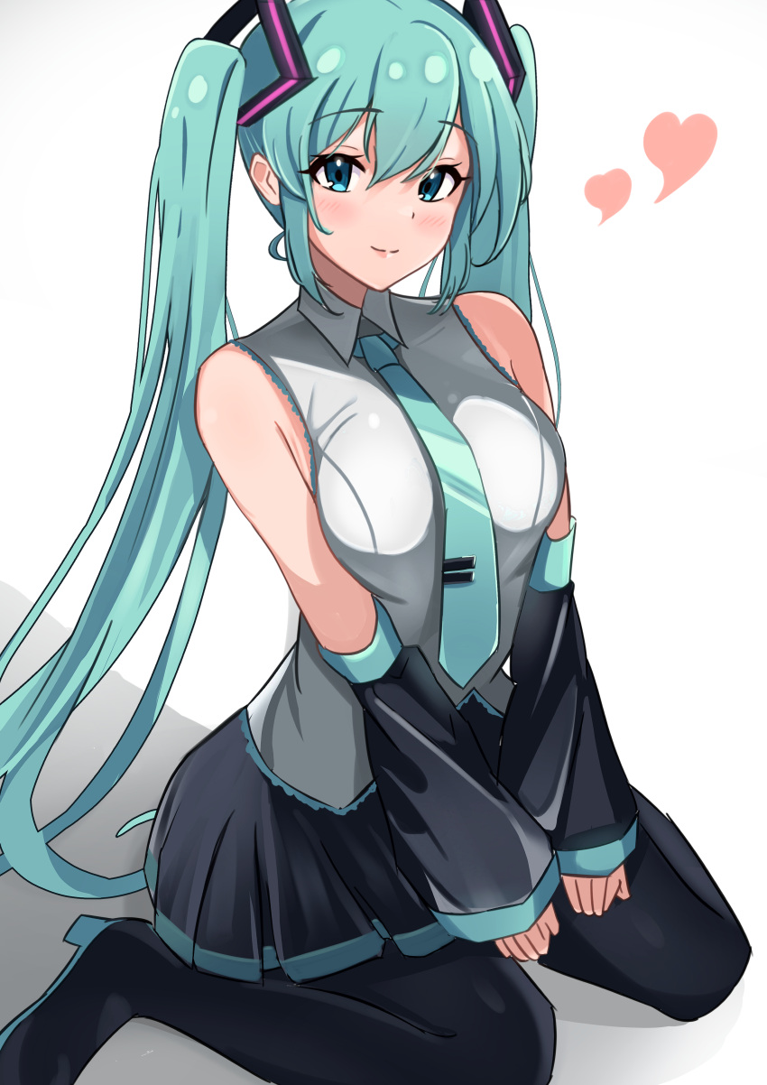 1girl absurdres aqua_eyes aqua_hair aqua_necktie boots breasts commentary_request detached_sleeves hair_between_eyes hatsune_miku heart highres long_hair looking_at_viewer medium_breasts necktie shadow shirt simple_background sitting sleeveless sleeveless_shirt smile solo thigh_boots v_arms very_long_hair vocaloid wariza white_background yoshiwo_senpai