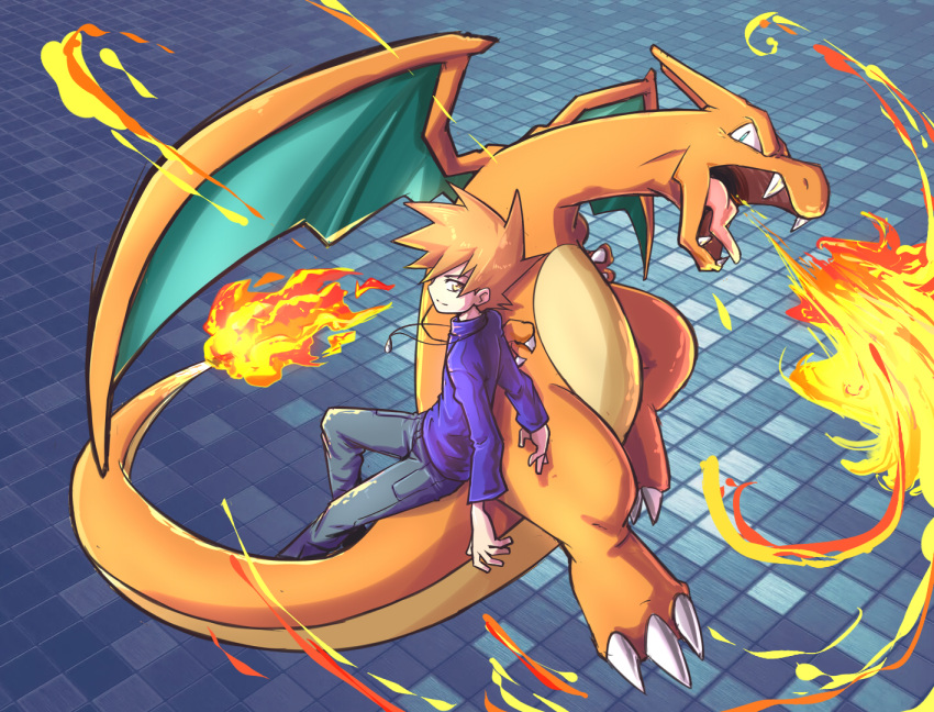 1boy blue_oak breathing_fire charizard claws fangs fire flame flame-tipped_tail grey_pants jewelry looking_at_viewer looking_up necklace open_mouth orange_eyes orange_hair pants pokemon pokemon_(creature) pokemon_(game) pokemon_rgby purple_shirt riding riding_pokemon shirt short_hair sitting smile spiky_hair tiles tongue tsunami_hisoka v-shaped_eyebrows wings