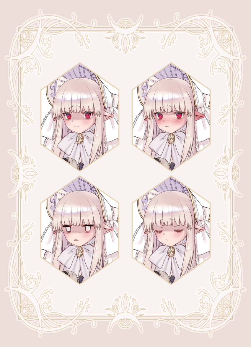 1girl :&lt; @_@ blush bonnet bow brooch close-up closed_eyes commentary_request doll empty_eyes expressions frown gold_trim grey_hair highres holding holding_doll jewelry jitome komiya_nigi lolita_fashion long_hair multiple_views original parted_lips pointy_ears red_eyes white_bow