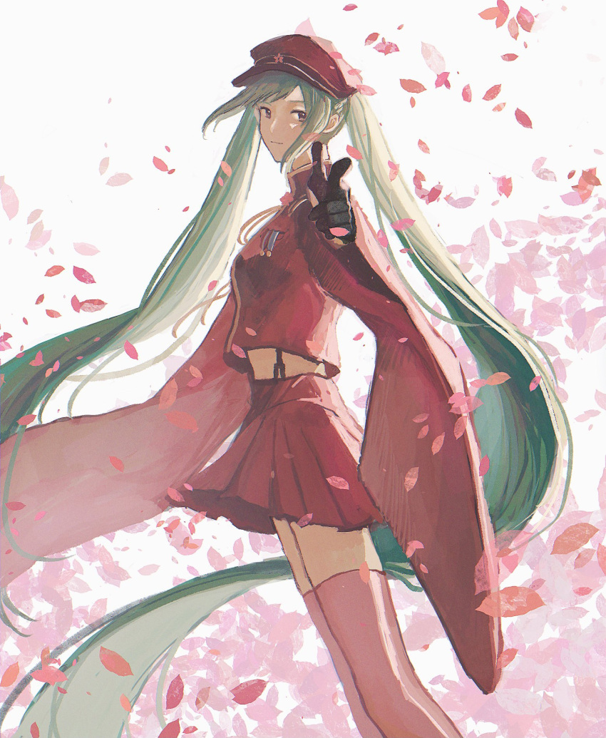 1girl 31tamagokake580 aiguillette black_eyes black_gloves cherry_blossoms closed_mouth commentary dutch_angle falling_petals feet_out_of_frame finger_gun from_side gloves green_hair half_gloves hat hatsune_miku highres jacket long_hair looking_at_viewer looking_to_the_side midriff peaked_cap petals pleated_skirt pointing pointing_at_viewer red_headwear red_jacket red_skirt red_thighhighs senbon-zakura_(vocaloid) skirt solo standing swept_bangs thigh-highs twintails very_long_hair vocaloid white_background wide_sleeves