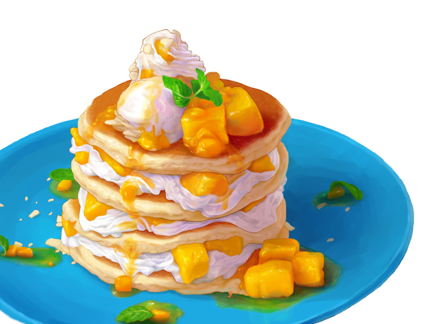 butayaro1 food food_focus fruit highres leaf mango no_humans original pancake pancake_stack plate simple_background still_life syrup whipped_cream white_background