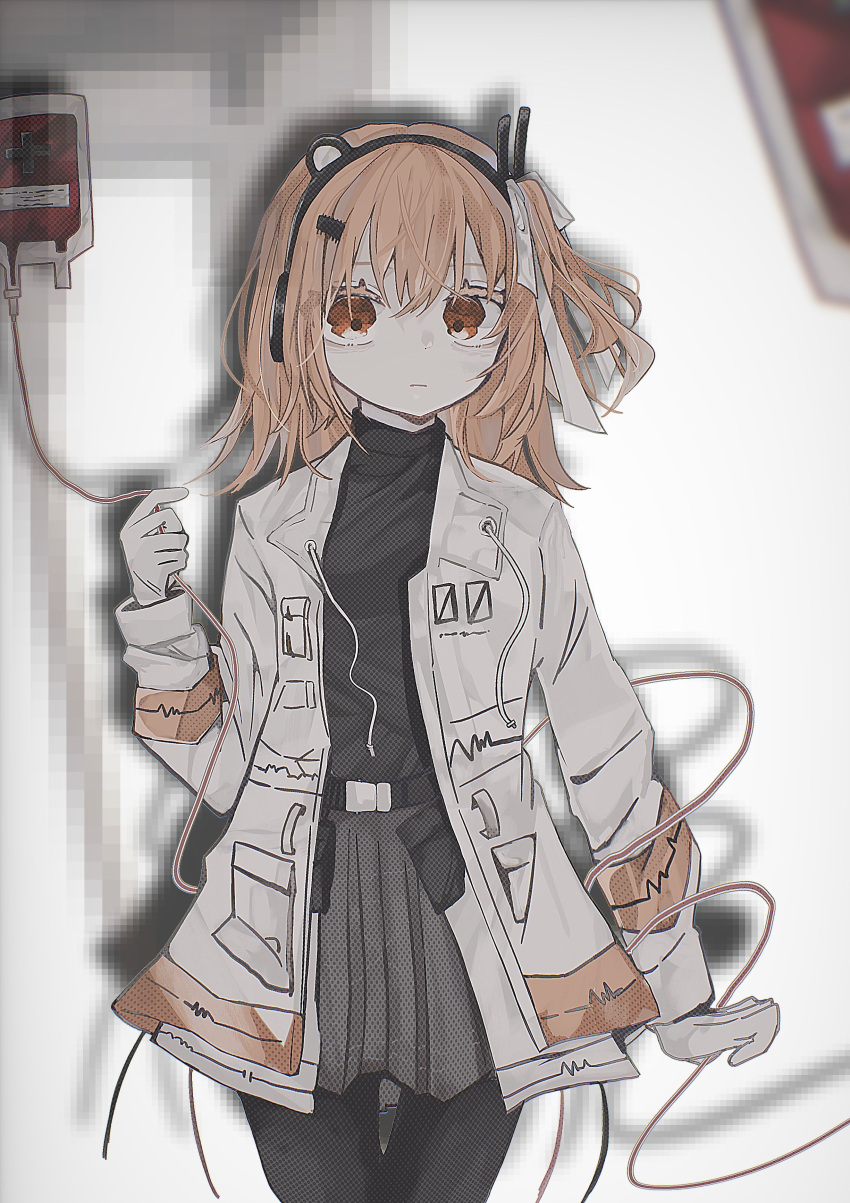 1girl a.i._voice absurdres adachi_rei arm_at_side belt black_belt black_leggings black_shirt blood blood_bag commentary drop_shadow expressionless gloves grey_skirt hair_ornament hairclip halftone hand_up headlamp headset highres holding intravenous_drip jacket leggings long_sleeves looking_at_viewer medium_hair messy_hair neck_ribbon nerune_(nekatze) one_side_up open_clothes open_jacket orange_eyes orange_hair pixelated pleated_skirt radio_antenna ribbon shirt shirt_tucked_in skirt solo utau white_gloves white_jacket white_ribbon zoom_layer