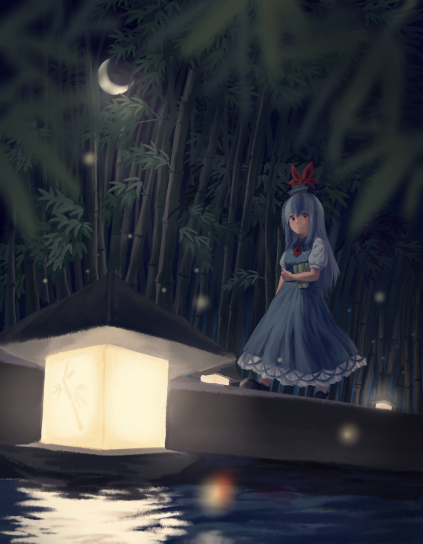 1girl bamboo bamboo_forest black_footwear blue_dress blue_hair blue_headwear closed_mouth collared_dress commentary_request crescent_moon dress expressionless forest full_body hair_between_eyes highres holding kamishirasawa_keine lantern long_bangs long_hair looking_afar moon multicolored_hair nature necktie night outdoors paper_lantern puffy_short_sleeves puffy_sleeves red_eyes red_necktie satellitedragon scroll_tube shirt shoes short_sleeves sidelocks sleeveless sleeveless_dress solo touhou two-tone_hair water white_hair white_shirt