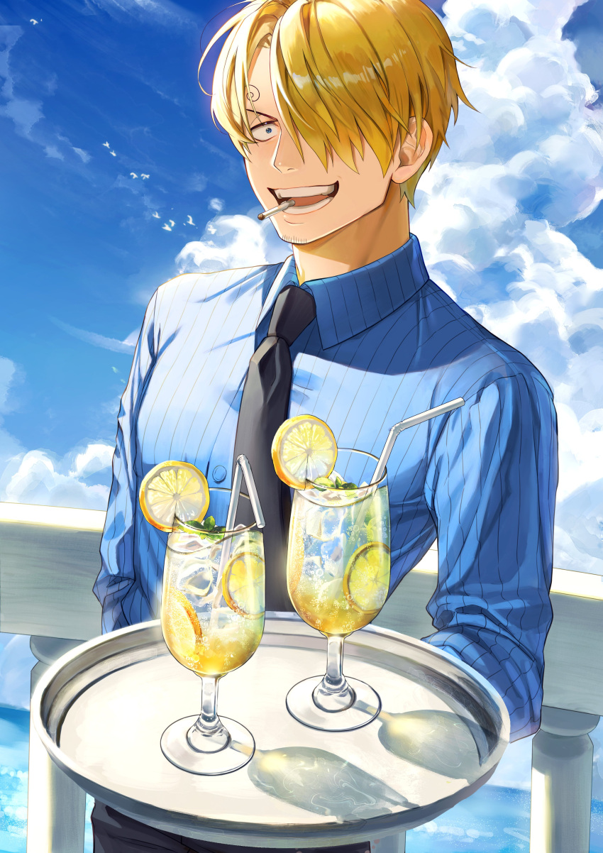 1boy :d absurdres blonde_hair blue_eyes blue_shirt blue_sky cigarette cup curly_eyebrows drink drinking_glass drinking_straw facial_hair food fruit hair_over_one_eye highres holding holding_drink holding_tray lemon lemon_slice male_focus necktie one_piece railing sanji_(one_piece) shirt short_hair sky smile soda solo tray yoshiyoshiwa