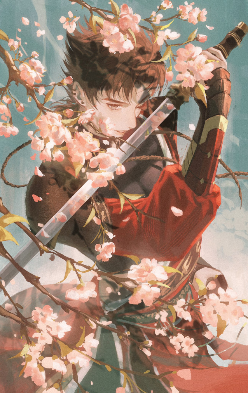 1boy armor black_hair black_shirt branch character_request cherry_blossoms copyright_request earrings film_grain highres holding holding_sword holding_weapon jewelry long_eyelashes looking_at_viewer male_focus one_eye_closed parted_lips puffy_sleeves red_sleeves shirt short_hair solo standing sword weapon yayaziiii