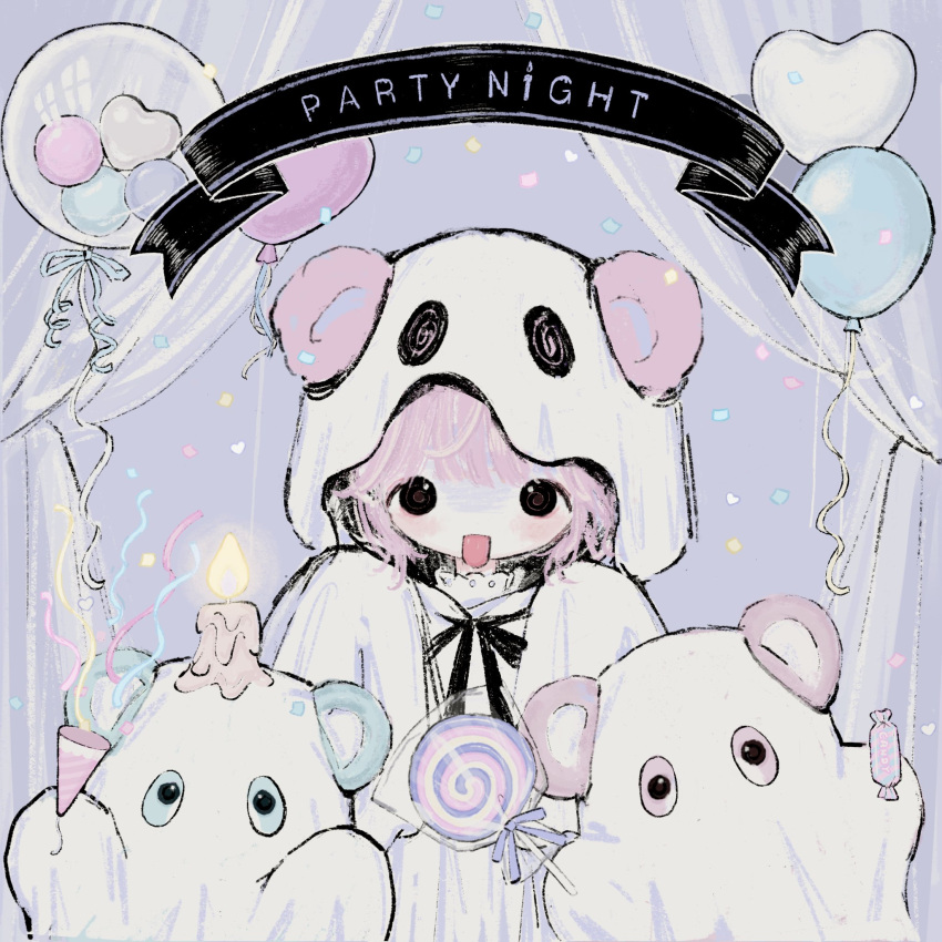 1girl 2others balloon black_eyes black_ribbon candle candy curtains food ghost highres hood hood_up looking_at_viewer multiple_others neck_ribbon open_mouth original osakana_nyann party_popper pink_hair ribbon sleeves_past_fingers sleeves_past_wrists upper_body