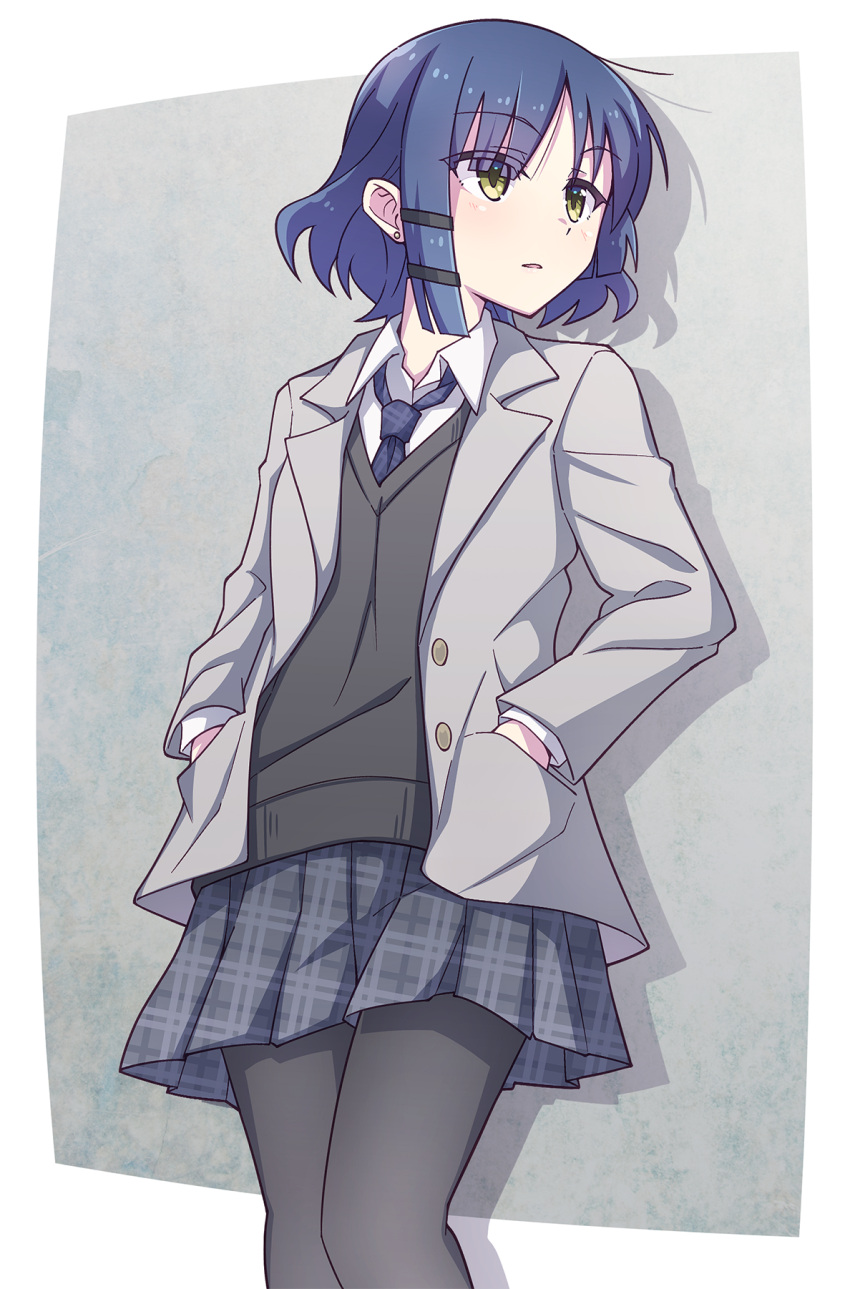 1girl alternate_costume black_pantyhose blazer blue_hair blue_necktie bocchi_the_rock! border collared_shirt e20 eyes_visible_through_hair green_eyes grey_jacket grey_skirt hair_ornament hairclip hands_in_pockets highres jacket long_sleeves looking_away looking_to_the_side necktie open_clothes open_jacket pantyhose parted_lips plaid plaid_necktie plaid_skirt pleated_skirt school_uniform shirt sidelocks skirt solo sweater_vest white_border white_shirt yamada_ryou