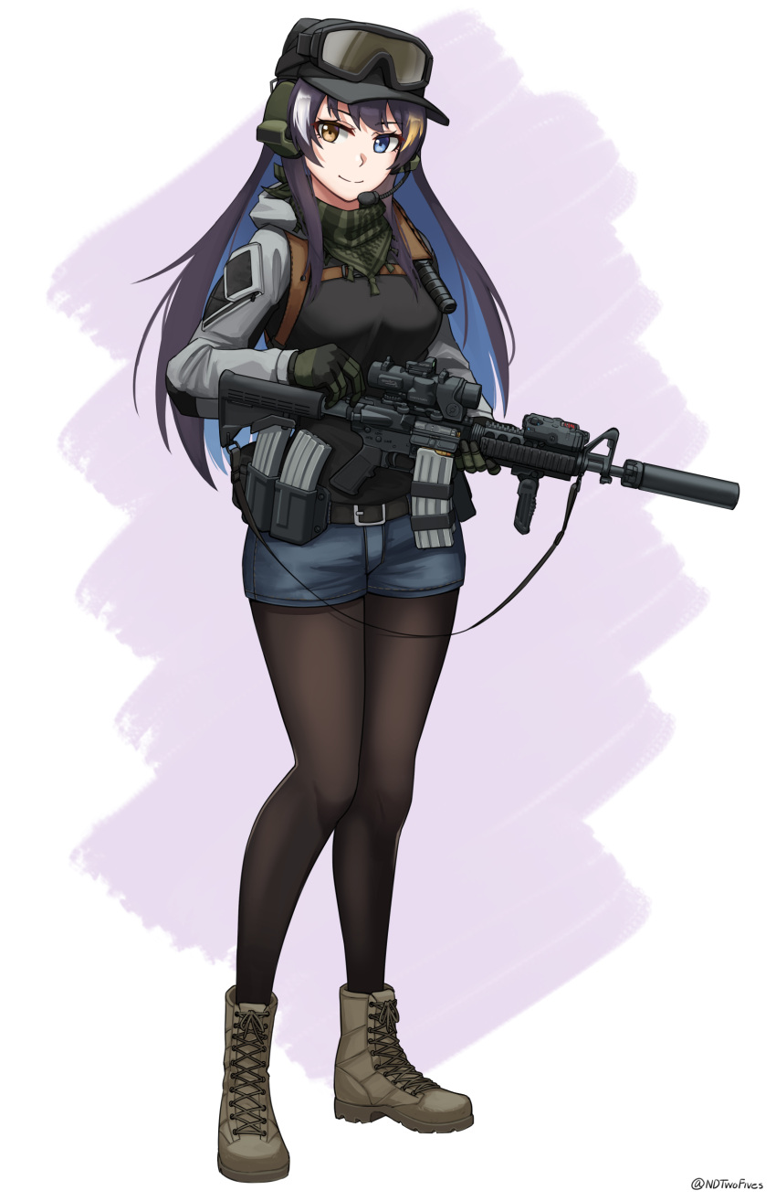 1girl absurdres assault_rifle black_gloves black_hair black_headwear blue_eyes blue_hair blue_shorts boots breasts brown_eyes brown_footwear brown_pantyhose closed_mouth commentary_request commission cross-laced_footwear ear_protection gloves goggles goggles_on_headwear grey_shirt gun headset heterochromia highres holding holding_gun holding_weapon lace-up_boots legwear_under_shorts long_sleeves looking_at_viewer m4_carbine medium_breasts multicolored_hair ndtwofives original pantyhose rifle shirt short_shorts shorts smile solo two-tone_hair weapon