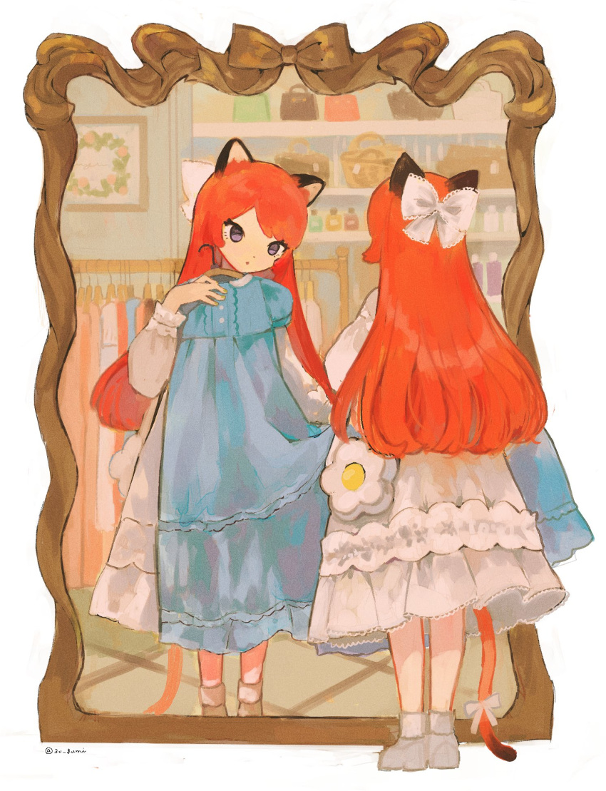 1girl animal_ears bag basket blue_dress bow clothes_rack commentary_request dot_nose dress flower frilled_dress frills grey_bow grey_dress grey_footwear hair_bow hand_up highres holding holding_clothes holding_dress long_hair looking_at_mirror mirror myu_(3u_gumi) orange_hair orange_tail original parted_lips picture_frame reflection ribbon tail tail_ornament tail_ribbon twitter_username violet_eyes