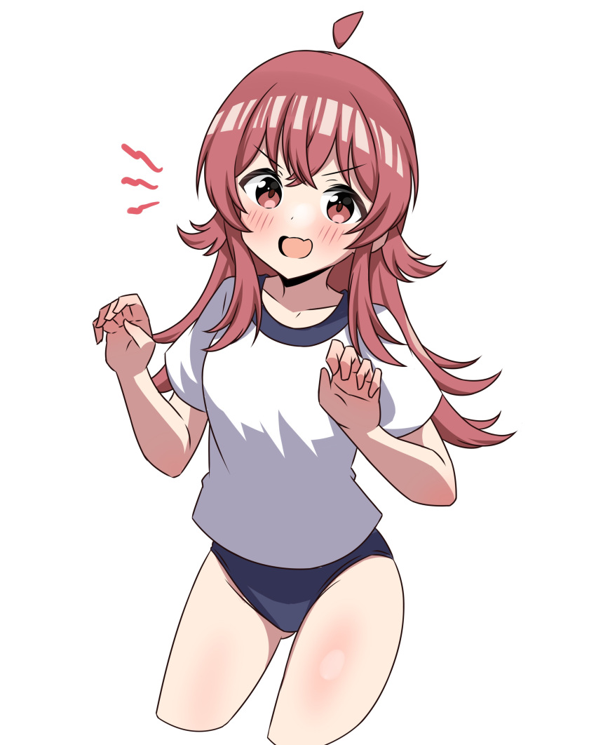1girl absurdres ahoge blue_buruma blush breasts buruma claw_pose commentary_request cropped_legs detached_ahoge fang hair_between_eyes hair_flaps hands_up highres idolmaster idolmaster_shiny_colors komiya_kaho looking_at_viewer open_mouth red_eyes redhead shirt short_sleeves sidelocks skin_fang small_breasts solo t-shirt thighs v-shaped_eyebrows white_background white_shirt zaza_(zahaoming)