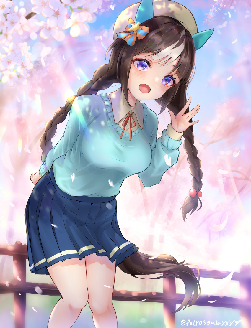 1girl absurdres animal_ears arm_behind_back blue_skirt blue_sweater braid brown_hair casual cherry_blossoms collared_shirt commentary day ear_covers fence hat highres hokko_tarumae_(umamusume) horse_ears horse_girl leaning_forward long_hair looking_at_viewer low_twin_braids low_twintails miniskirt neck_ribbon open_mouth outdoors peteron pleated_skirt red_ribbon ribbon sailor_hat shirt single_horizontal_stripe skirt smile solo standing sunlight sweater tail tree twin_braids twintails twitter_username umamusume violet_eyes waving white_hair white_headwear white_shirt wind wing_collar wooden_fence