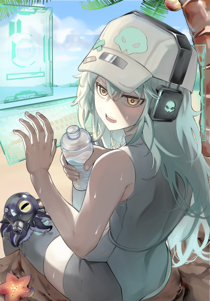 1girl antonina_(girls'_frontline_nc) aqua_hair baseball_cap beach black_shorts black_thighhighs bottle creature from_behind girls'_frontline_neural_cloud girls_frontline hat headphones highres holographic_interface looking_at_viewer looking_back open_mouth outdoors palm_tree shirt shorts sitting skull_print sleeveless sleeveless_shirt solo starfish sweat thigh-highs tree water_bottle white_headwear whoseit yellow_eyes