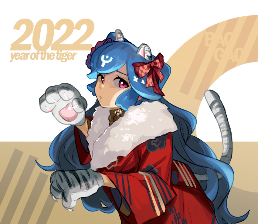 1girl 2022 absurdres animal_ears animal_hands bao_(vtuber) blue_hair chinese_zodiac fake_animal_ears gloves highres indie_virtual_youtuber long_hair long_sleeves looking_at_viewer parted_lips paw_gloves red_eyes solo striped_tail tail thernz tiger_ears upper_body very_long_hair year_of_the_tiger