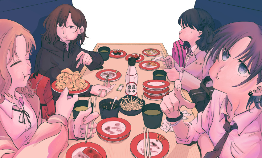 4girls absurdres asakura_toru bag black_hair black_necktie blazer brown_hair chopsticks conveyor_belt_sushi earrings eating fukumaru_koito hair_ornament hairclip highres higuchi_madoka ichikawa_hinana idolmaster idolmaster_shiny_colors jacket jewelry long_hair mole mole_under_eye multiple_girls neck_ribbon necktie noctchill_(idolmaster) plate puffy_cheeks ribbon school_uniform shirt short_hair table twintails uchu_nabe violet_eyes white_shirt