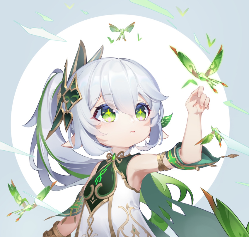 1girl armlet armpits border bracelet bug butterfly cape commentary cross-shaped_pupils crystalfly_(genshin_impact) detached_sleeves double-parted_bangs dress female_child gem genshin_impact gold_trim green_butterfly green_cape green_eyes green_gemstone green_hair green_sleeves grey_border grey_hair hair_between_eyes hair_ornament hand_up hauuk highres jewelry leaf_hair_ornament long_hair looking_up multicolored_hair nahida_(genshin_impact) outside_border parted_lips pointy_ears side_ponytail sidelocks solo streaked_hair symbol-shaped_pupils upper_body white_background white_dress
