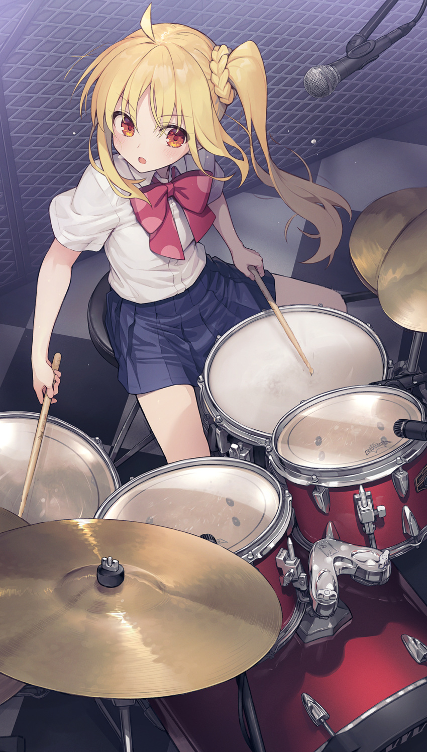 1girl ahoge blonde_hair blue_skirt blush bocchi_the_rock! bow bowtie checkered_floor collared_shirt cymbals drum drum_set drumsticks from_above hair_ornament hair_scrunchie highres holding holding_drumsticks ijichi_nijika instrument kaito_(k4itoh) long_hair microphone miniskirt music open_mouth parted_bangs playing_instrument pleated_skirt red_bow red_bowtie red_eyes school_uniform scrunchie shimokitazawa_high_school_uniform shirt shirt_tucked_in short_sleeves side_ponytail sidelocks sitting skirt solo thighs white_shirt yellow_scrunchie