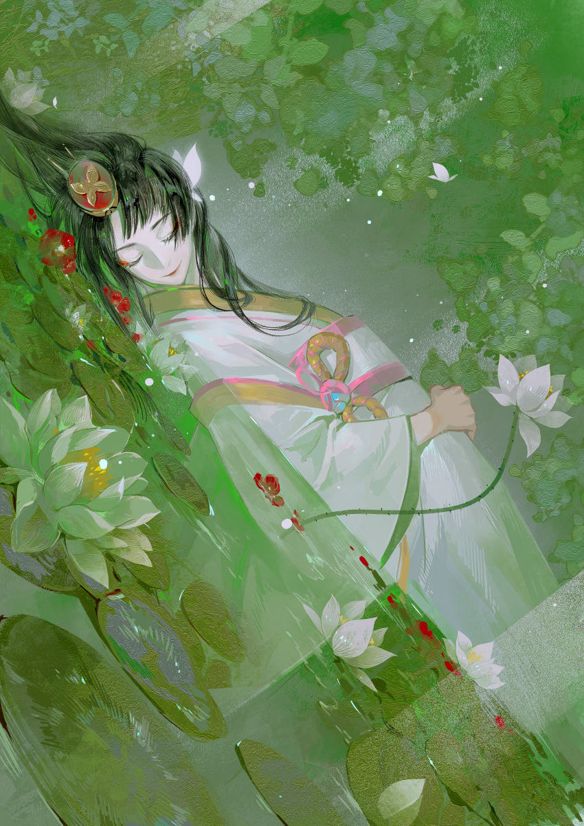 1girl absurdres afloat black_hair bug butterfly butterfly_on_head character_request closed_eyes closed_mouth cowboy_shot dutch_angle eyeliner facing_to_the_side facing_viewer flower gesshi_(x2mciyellrzrhg1) green_theme hair_ornament hand_on_own_stomach highres japanese_clothes kimono lily_pad lipstick lotus makeup nature obi onmyoji onmyoji:_the_card_game pale_skin partially_submerged petals red_flower sash smile solo white_butterfly white_flower white_kimono