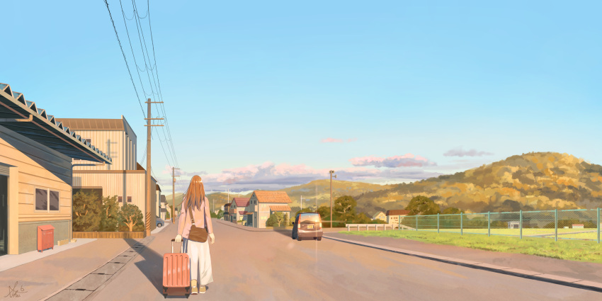 1girl bag blue_sky brown_footwear brown_hair building car clouds commentary_request from_behind grass highres holding holding_luggage house jacket long_hair long_sleeves motor_vehicle mountainous_horizon original outdoors pink_jacket power_lines road rolling_suitcase rural scenery shadow shoes shurock skirt sky sneakers solo street suitcase sunset utility_pole walking white_skirt