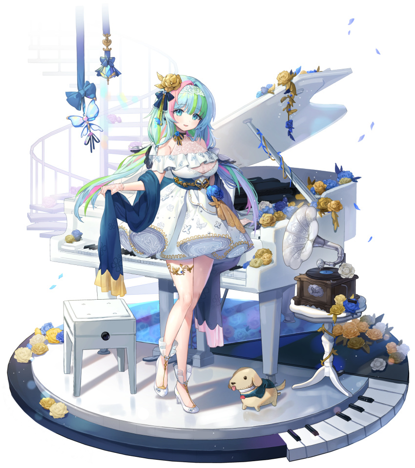 1girl blue_eyes blue_flower blue_hair blue_ribbon blue_shawl blush breasts commentary dress faux_figurine flower frilled_dress frills full_body gloves green_hair hair_flower hair_ornament hair_ribbon hairband high_heels highres instrument lace lace_gloves lace_hairband lerome long_hair looking_at_viewer low_twintails medium_breasts multicolored_hair official_art open_mouth petals phonograph piano piano_bench piano_keys pink_hair ribbon riichi_city saotome_yurika_(riichi_city) see-through_gloves shawl simple_background solo spiral_staircase stairs standing stuffed_animal stuffed_dog stuffed_toy table thighlet twintails white_background white_dress white_footwear white_gloves white_hairband yellow_flower