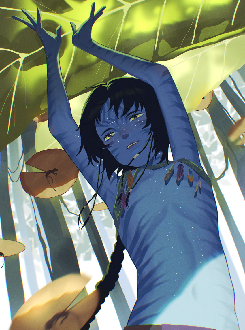 1girl alien avatar:_the_way_of_water avatar_(2009_film) black_hair blue_skin breasts cat_girl colored_skin commentary cowboy_shot english_commentary from_below highres james_cameron's_avatar kiri_(avatar) navel outdoors short_hair_with_long_locks small_breasts solo tall_female teeth tribal u_2764