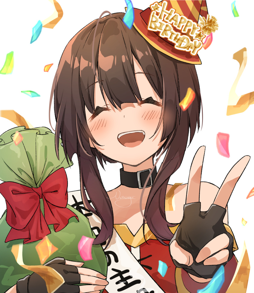 1girl :d ^_^ alternate_headwear birthday black_choker black_gloves black_hair blunt_bangs blush bow choker closed_eyes commentary confetti double-parted_bangs dress english_text fingerless_gloves gift gift_bag gloves happy happy_birthday hat highres holding holding_gift kono_subarashii_sekai_ni_shukufuku_wo! megumin nut_megu open_mouth party_hat red_bow red_dress short_hair_with_long_locks signature simple_background smile solo teeth upper_body upper_teeth_only v white_background wide_sleeves