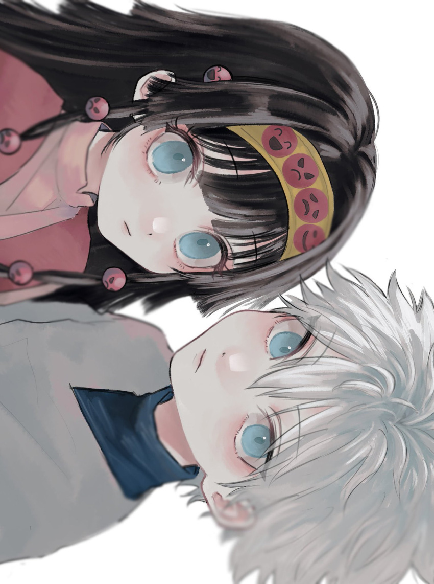 1boy 1girl alluka_zoldyck black_hair blunt_bangs brothers child closed_mouth female_child grey_hair hairband highres hunter_x_hunter killua_zoldyck long_hair looking_at_viewer male_child multi-tied_hair oysi_mysi portrait siblings side-by-side sidelocks sideways simple_background smiley_face turtleneck white_background