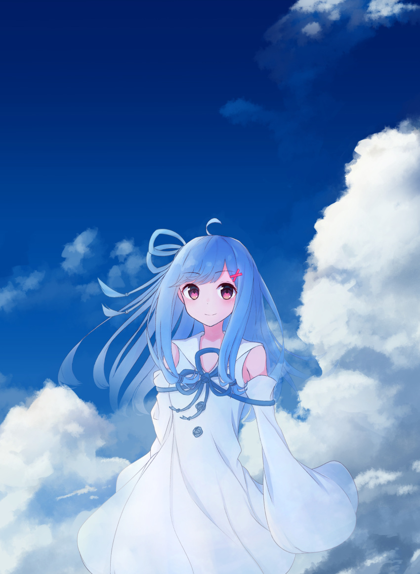1girl absurdres aho_whale ahoge arms_at_sides blue_hair blue_ribbon blue_sky closed_mouth clouds commentary detached_sleeves dress fading floating_hair flower_knot hair_ornament hair_ribbon highres kotonoha_aoi light_blush long_hair looking_at_viewer neck_ribbon pink_eyes ribbon sailor_collar sidelocks sky sleeveless sleeveless_dress sleeves_past_fingers sleeves_past_wrists smile solo swept_bangs transparent voiceroid white_dress white_sailor_collar wide_sleeves x_hair_ornament