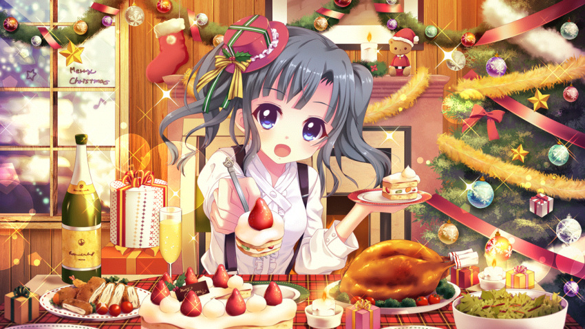 1girl black_hair blue_eyes bowl box breasts broccoli cake candle champagne_bottle christmas christmas_lights christmas_ornaments christmas_stocking christmas_tree cup dot_nose drinking_glass film_grain fireplace food frilled_hat frills fruit game_cg gift gift_box hat holding holding_plate holding_utensil incoming_food indoors itsumura_yukari izumi_tsubasu lens_flare medium_hair merry_christmas mini_hat musical_note non-web_source official_art open_mouth picture_frame plaid plate re:stage! red_headwear salad shirt shrimp shrimp_tempura small_breasts solo sparkle star_(symbol) strawberry stuffed_animal stuffed_toy suspenders tablecloth teddy_bear tempura tilted_headwear tomato turkey_(food) two_side_up white_shirt white_trim window window_fog wooden_wall