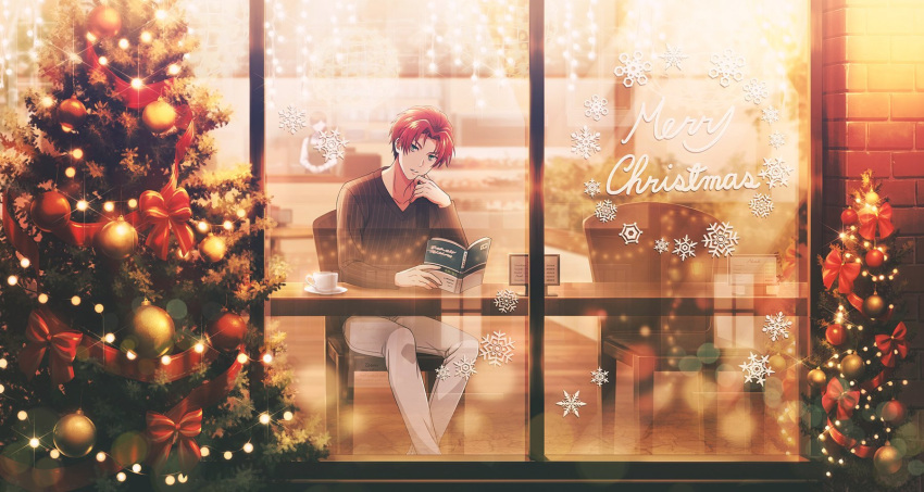 1boy book chair christmas_ornaments christmas_tree cup fingernails green_eyes highres holding holding_book idolmaster idolmaster_side-m idolmaster_side-m_growing_stars long_sleeves male_focus mayumi_eishin merry_christmas official_art pants redhead sitting snowflake_print solo teacup white_pants window