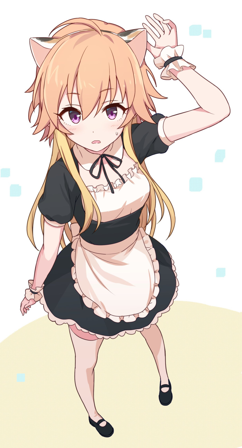 1girl 2_nostg absurdres ahoge alternate_costume animal_ears apron arm_up black_dress black_footwear blonde_hair blush breasts cat_ears commentary dress enmaided fake_animal_ears frilled_apron frills from_above hair_between_eyes highres idolmaster idolmaster_cinderella_girls legs light_brown_hair long_hair looking_at_viewer maid multicolored_hair neck_ribbon ninomiya_asuka open_mouth puffy_short_sleeves puffy_sleeves ribbon short_sleeves sidelocks small_breasts solo symbol-only_commentary thigh-highs two-tone_hair violet_eyes waist_apron wavy_mouth white_apron white_background white_thighhighs wrist_cuffs