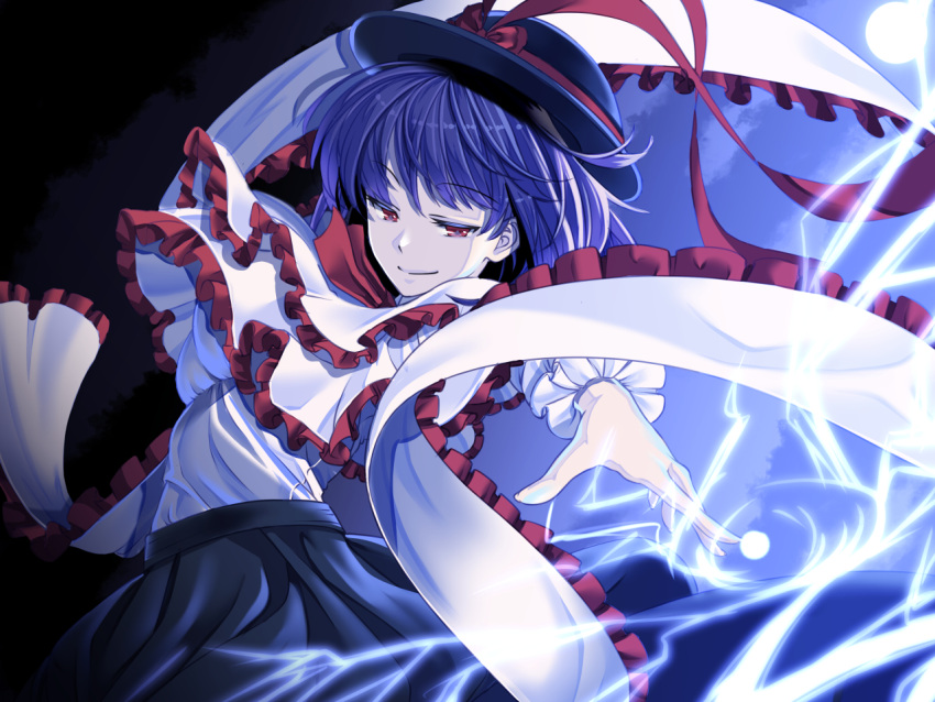 1girl black_background black_headwear black_skirt bow breasts capelet closed_mouth commentary_request electricity frilled_capelet frilled_shawl frills hat hat_bow long_sleeves looking_at_viewer mitama_mudimudi nagae_iku purple_hair red_bow red_eyes shawl shirt skirt smile solo touhou white_shirt