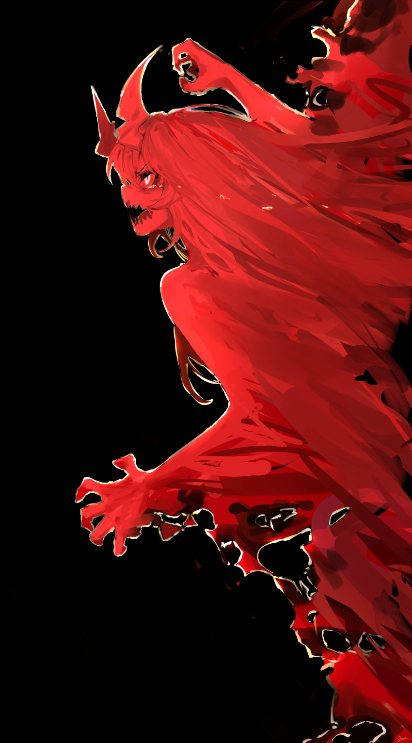 1girl absurdres arm_up black_background colored_sclera colored_skin crying crying_with_eyes_open demon_girl demon_horns glowing glowing_eyes hand_up highres horns original ozeu0916 red_sclera red_skin red_theme redhead sharp_teeth signature solo tears teeth white_eyes