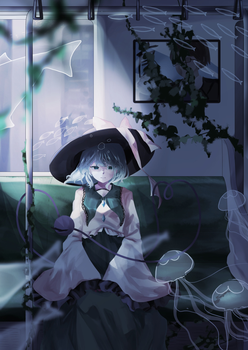 1girl absurdres black_headwear blouse bow bubble closed_mouth collared_shirt commentary fish frilled_sleeves frills green_eyes green_hair green_skirt hat hat_bow highres jellyfish komeiji_koishi light_smile long_sleeves looking_down medium_hair shirt sitting skirt solo t_terano third_eye touhou train_interior underwater wide_sleeves window yellow_bow yellow_shirt