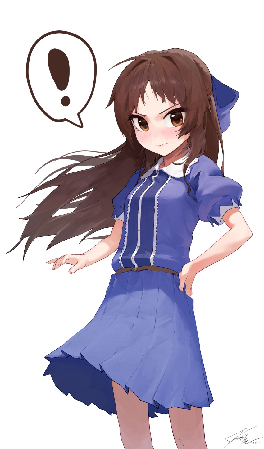! 1girl absurdres blue_bow blue_dress blush bow brown_eyes brown_hair collared_dress dress feet_out_of_frame floating frown hair_bow half_updo highres idolmaster idolmaster_cinderella_girls idolmaster_cinderella_girls_u149 jiho_jyo_1 long_hair looking_at_viewer pleated_dress short_sleeves simple_background solo spoken_exclamation_mark tachibana_arisu white_background