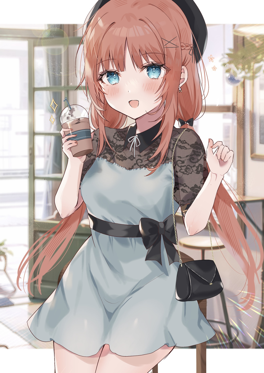 1girl absurdres aqua_eyes black_bag black_headwear blue_dress blush casual commentary_request dress earrings genshin_impact highres indoors jewelry long_hair looking_at_viewer low_twintails nilou_(genshin_impact) open_door open_mouth rim_(ririm711) smile solo twintails window